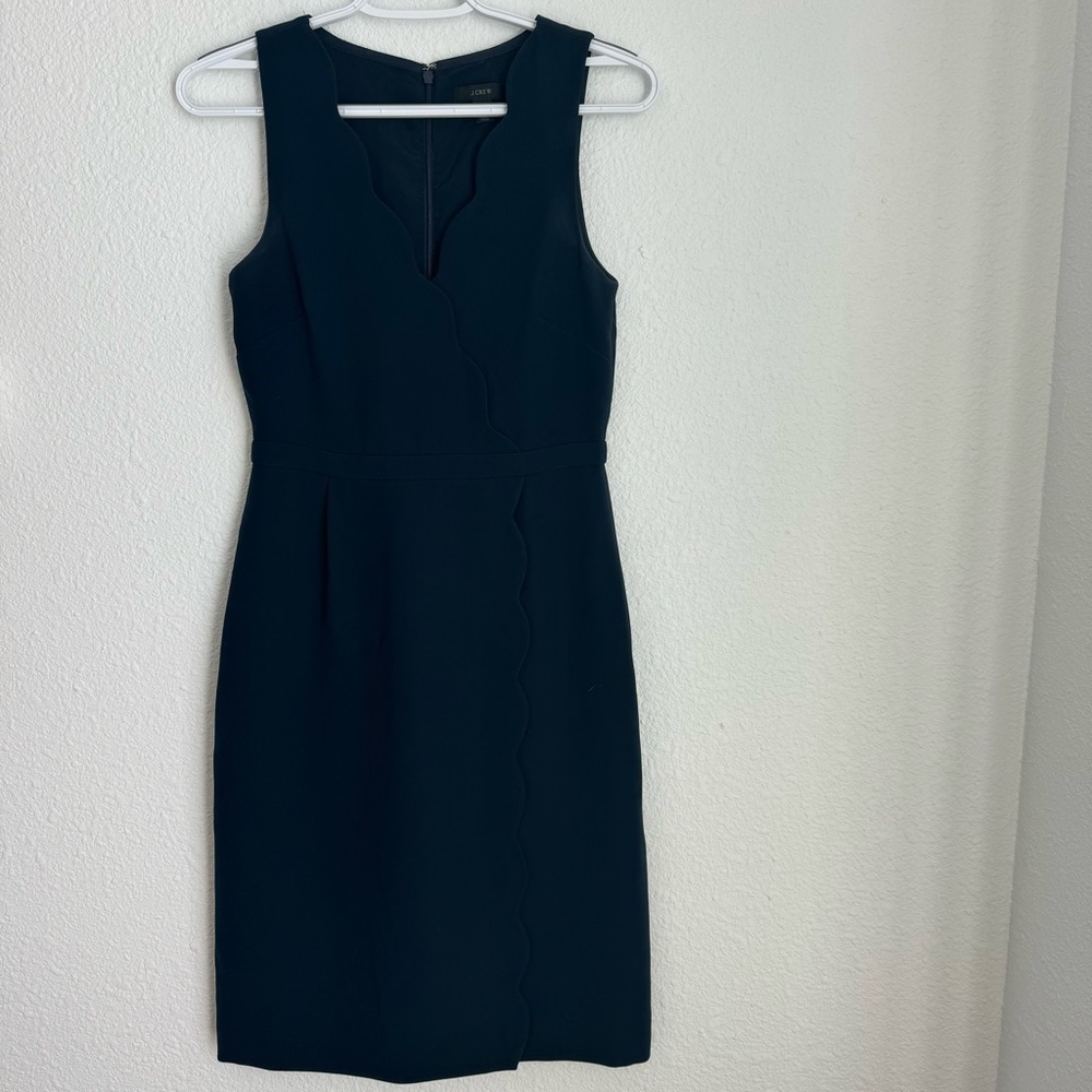 J. Crew Dress Womens Size 0 Navy Blue V Neck Scallop Crepe Wrap Surplice Sheath